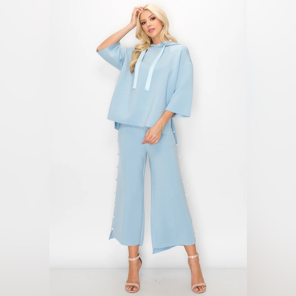 2 piece athleisure set 
Elegant Sky Blue Wide-Leg Pants & hoodie
